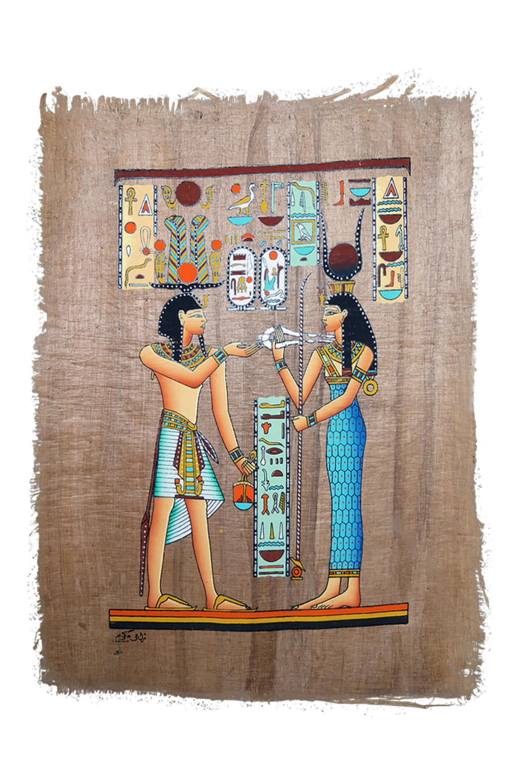 Handmade Egyptian papyrus painting: Offering to the Goddess Isis