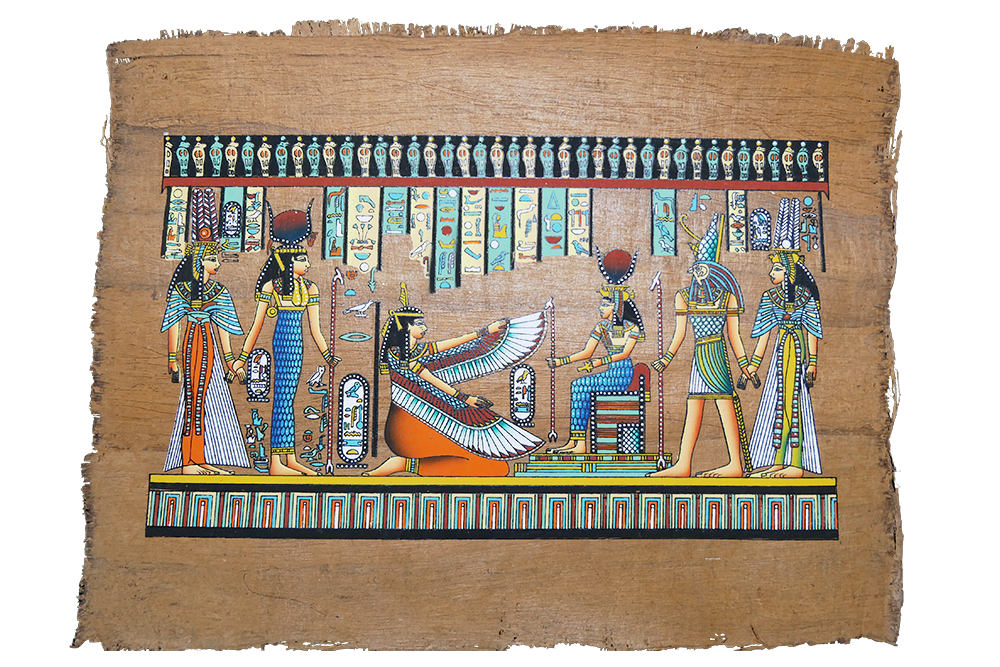 Handmade Egyptian papyrus painting: Tutankhamun and Ankhesenamun — Golden Throne Scene
