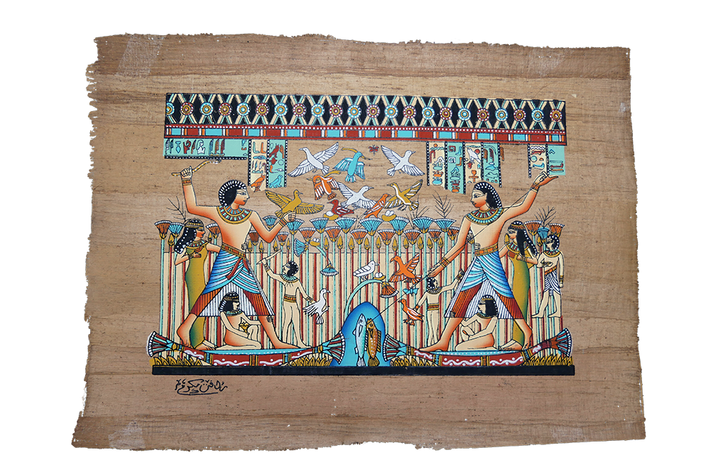 Handmade Egyptian papyrus painting: Tutankhamun and Ankhesenamun on the Nile II