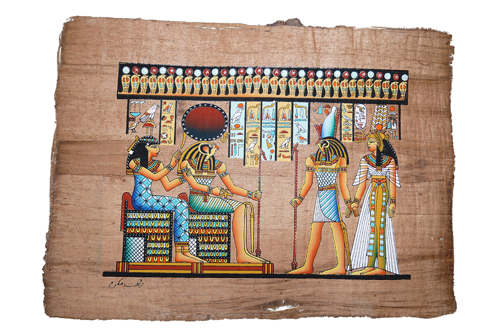 Handmade Egyptian papyrus painting: Audience before the Gods