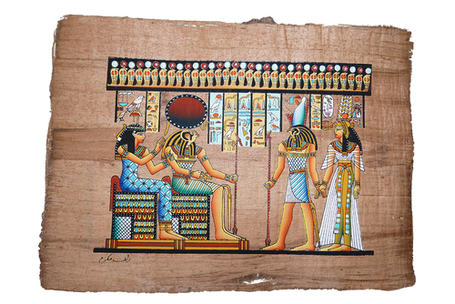 Handmade Egyptian papyrus painting: Audience before the Gods