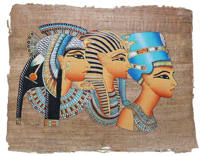 Handmade Egyptian papyrus painting: Cleopatra, Tutankhamun and Nefertiti — Three Profiles