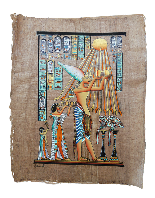 Handmade Egyptian papyrus painting: Akhenaten's Family under the Rays of Aten