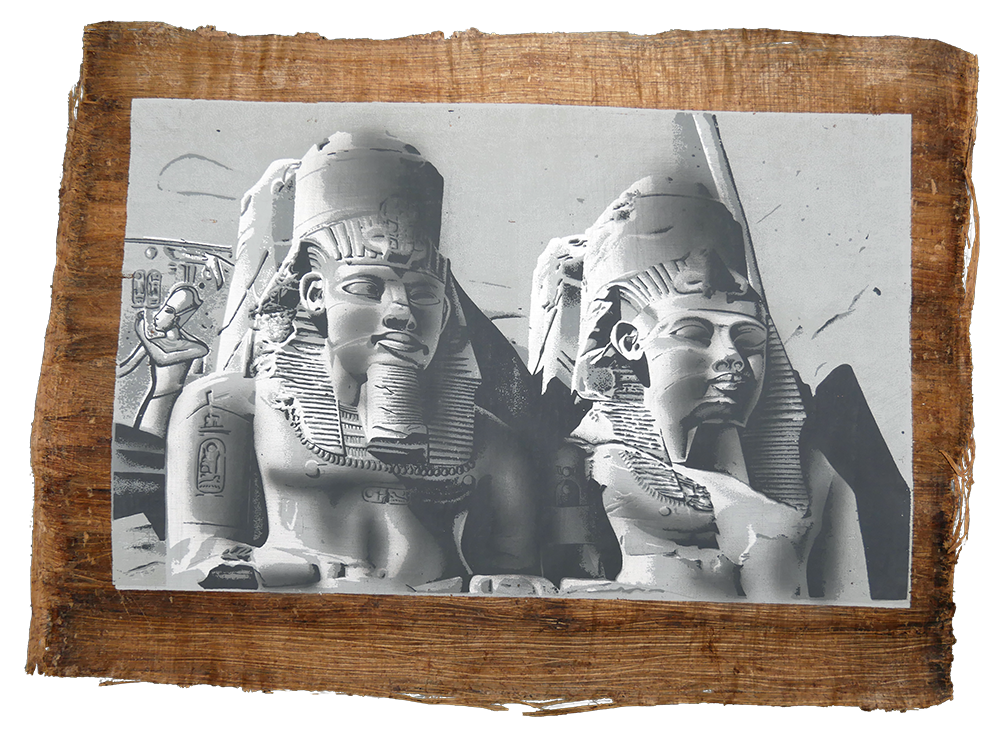 Handmade Egyptian papyrus painting: Abu Simbel — Colossal Statues, Black and White