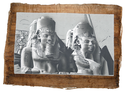 Handmade Egyptian papyrus painting: Abu Simbel — Colossal Statues, Black and White