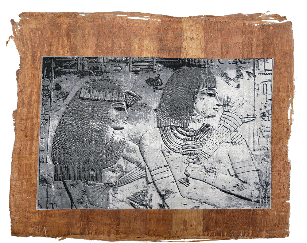 Handmade Egyptian papyrus painting: Ramses and Nefertari Relief — Black and White