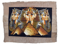 Handmade Egyptian papyrus painting: Three Tutankhamun Masks over the Pyramids — Gold on Black