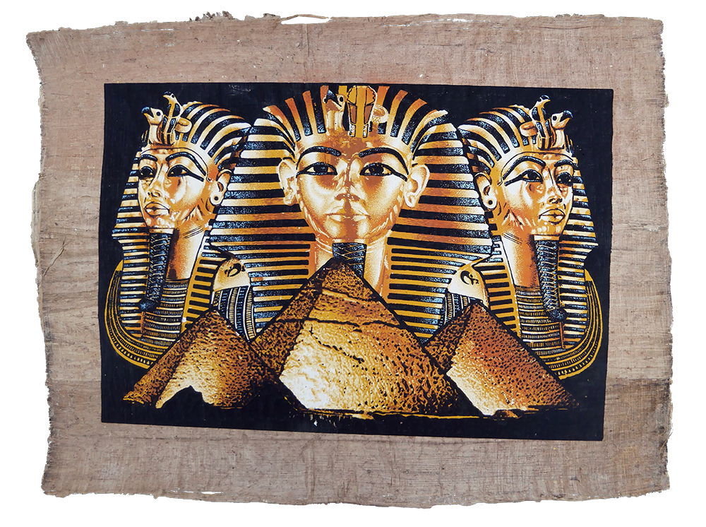 Handmade Egyptian papyrus painting: Three Tutankhamun Masks over the Pyramids — Gold on Black