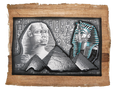 Handmade Egyptian papyrus painting: Sphinx and Tutankhamun with Hieroglyphs — Silver Tones