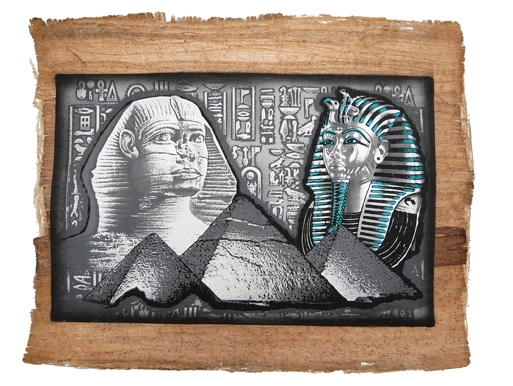 Handmade Egyptian papyrus painting: Sphinx and Tutankhamun with Hieroglyphs — Silver Tones