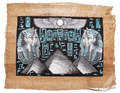 Handmade Egyptian papyrus painting: Two Masks with Winged Scarab and Pyramids — Blue and Silver