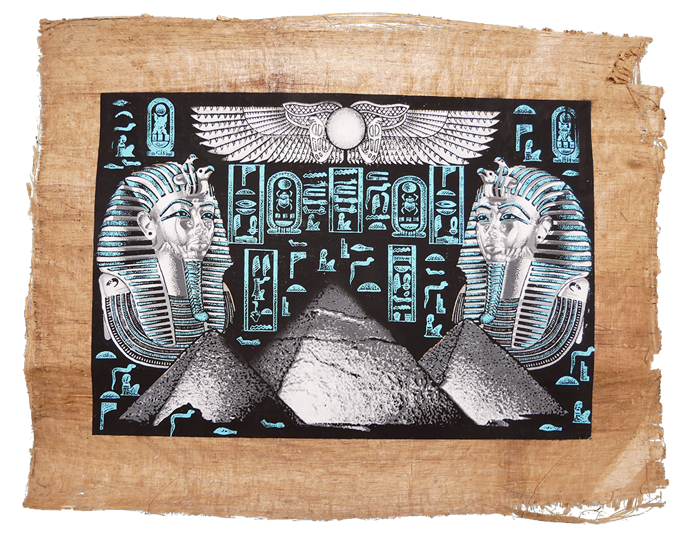 Handmade Egyptian papyrus painting: Two Masks with Winged Scarab and Pyramids — Blue and Silver