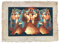 Handmade Egyptian papyrus painting: Three Golden Masks over the Pyramids