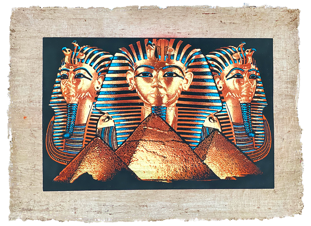 Handmade Egyptian papyrus painting: Three Golden Masks over the Pyramids