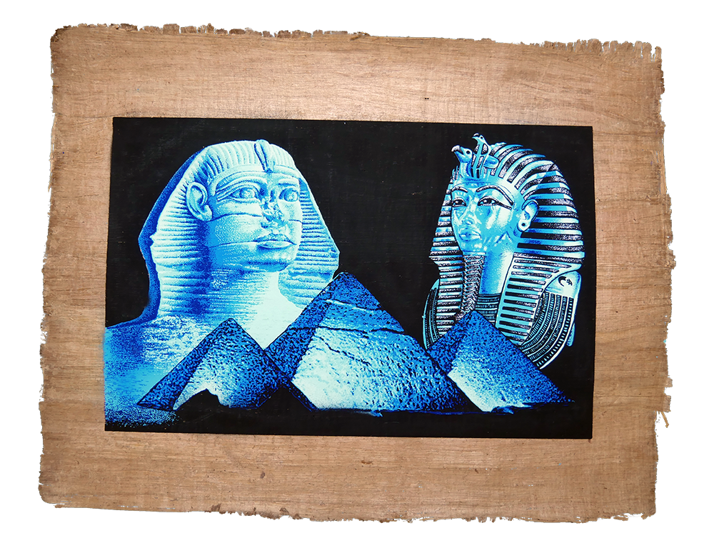 Handmade Egyptian papyrus painting: Sphinx and Tutankhamun in Blue