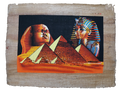 Handmade Egyptian papyrus painting: Sphinx, Pyramids and Tutankhamun — Orange Tones