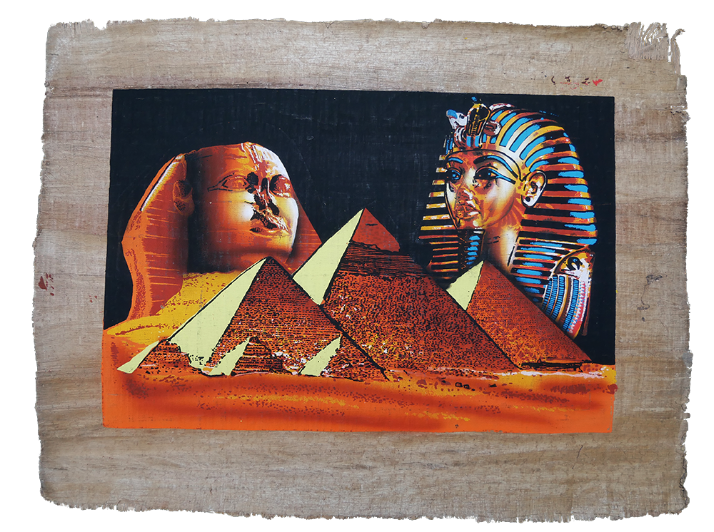 Handmade Egyptian papyrus painting: Sphinx, Pyramids and Tutankhamun — Orange Tones