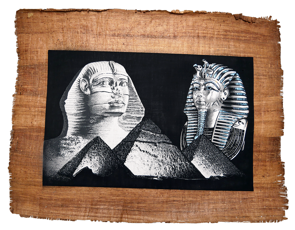 Handmade Egyptian papyrus painting: Sphinx and Mask — Black and White
