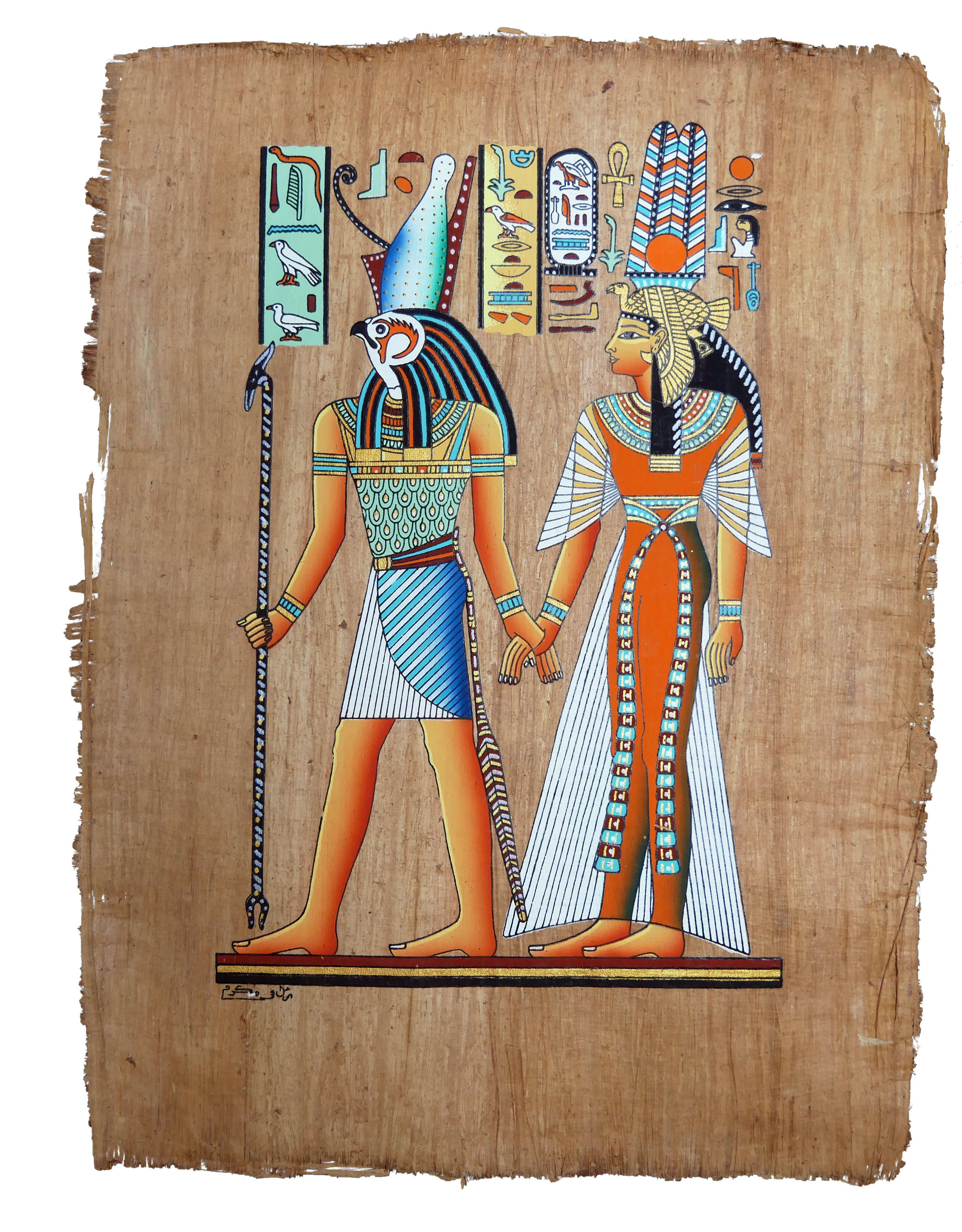 Handmade Egyptian papyrus painting: Horus and the Queen — Ceremonial Scene