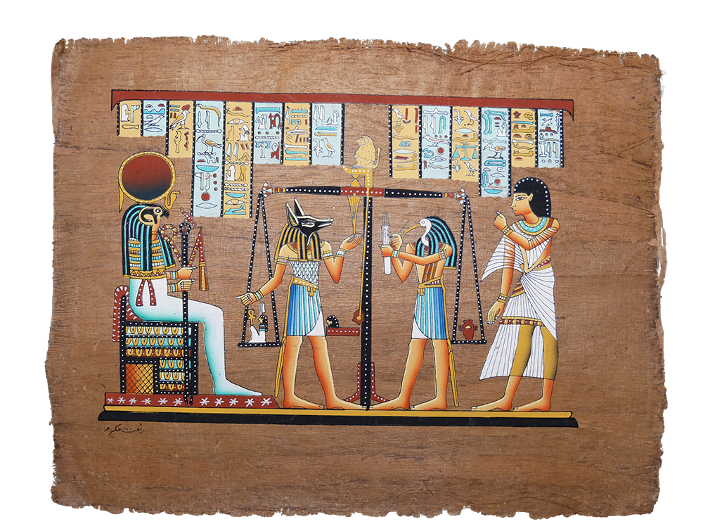 Handmade Egyptian papyrus painting: The Weighing of the Heart — Judgment Scene