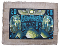 Handmade Egyptian papyrus painting: Two Masks with Hieroglyph Panel and Pyramids — Green