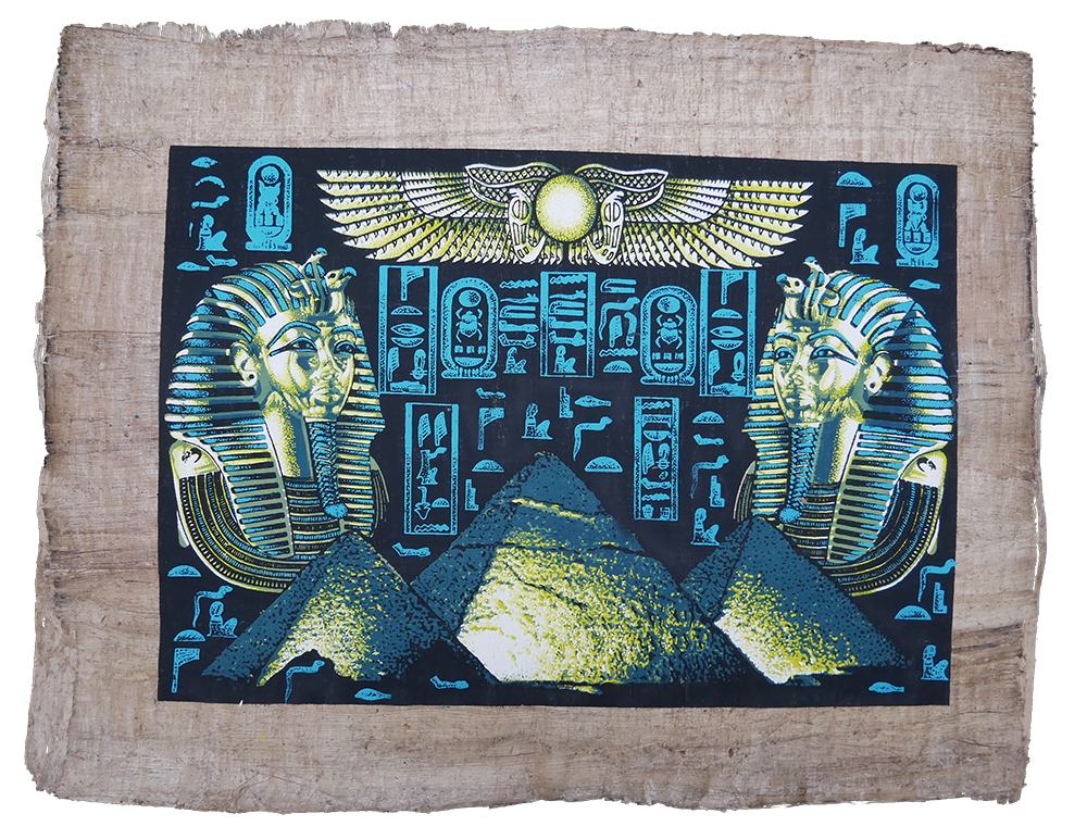 Handmade Egyptian papyrus painting: Two Masks with Hieroglyph Panel and Pyramids — Green