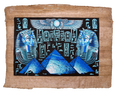 Handmade Egyptian papyrus painting: Two Masks with Hieroglyph Panel and Pyramids — Blue