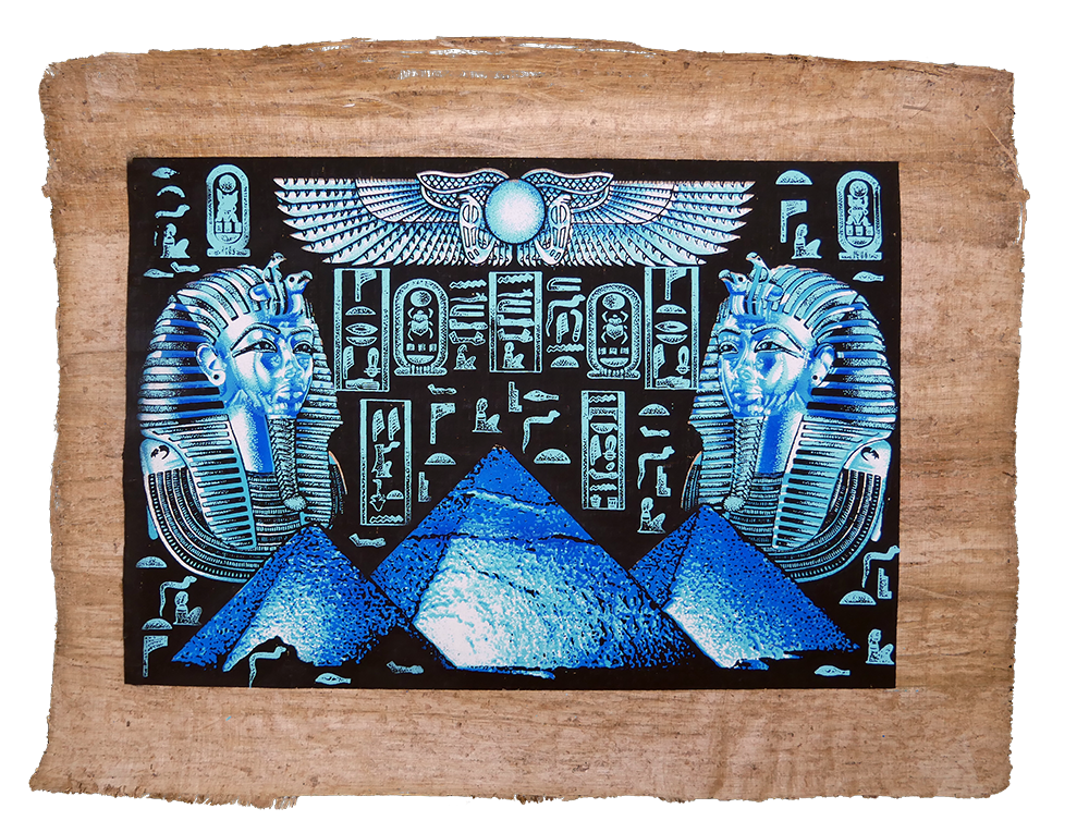Handmade Egyptian papyrus painting: Two Masks with Hieroglyph Panel and Pyramids — Blue