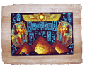 Handmade Egyptian papyrus painting: Two Masks with Hieroglyph Panel — Gold and Red