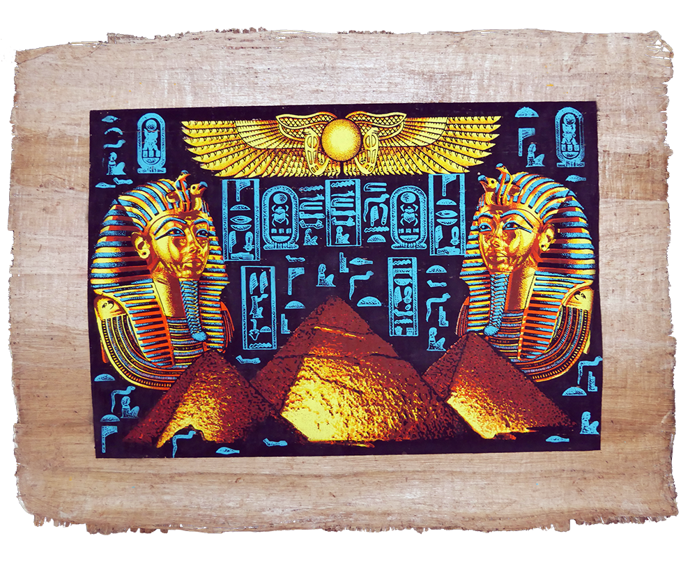 Handmade Egyptian papyrus painting: Two Masks with Hieroglyph Panel — Gold and Red