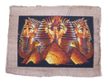 Handmade Egyptian papyrus painting: Three Golden Masks over the Pyramids — Warm Tones