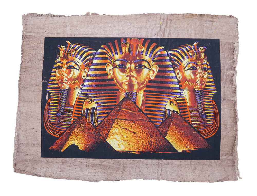 Handmade Egyptian papyrus painting: Three Golden Masks over the Pyramids — Warm Tones