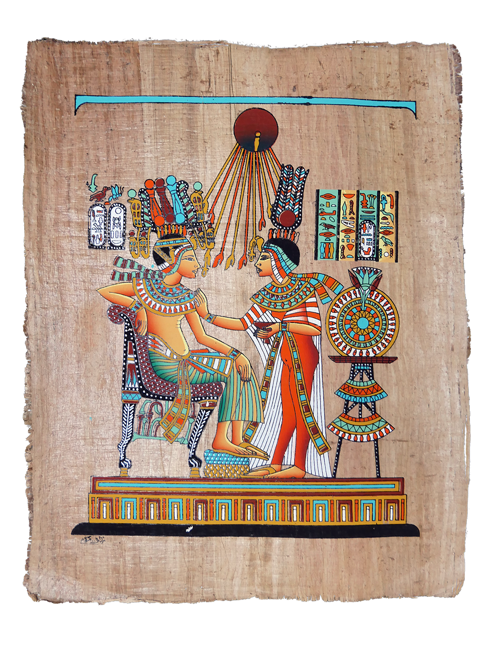 Handmade Egyptian papyrus painting: The Queen Anoints the Pharaoh