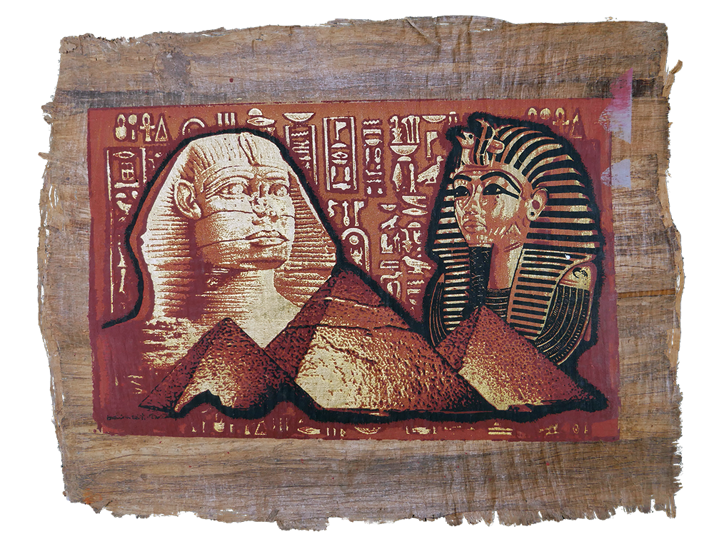 Handmade Egyptian papyrus painting: Sphinx and Mask — Red Tones