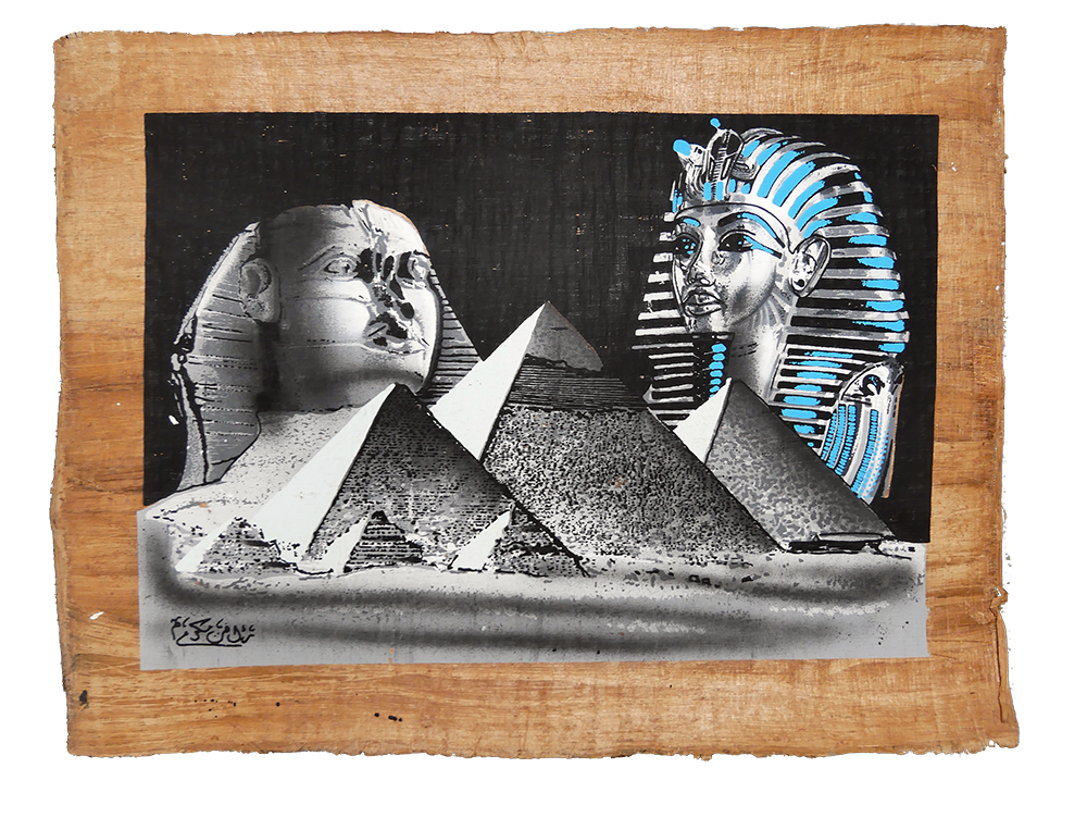 Handmade Egyptian papyrus painting: Sphinx, Pyramids and Mask — Black and White with Blue