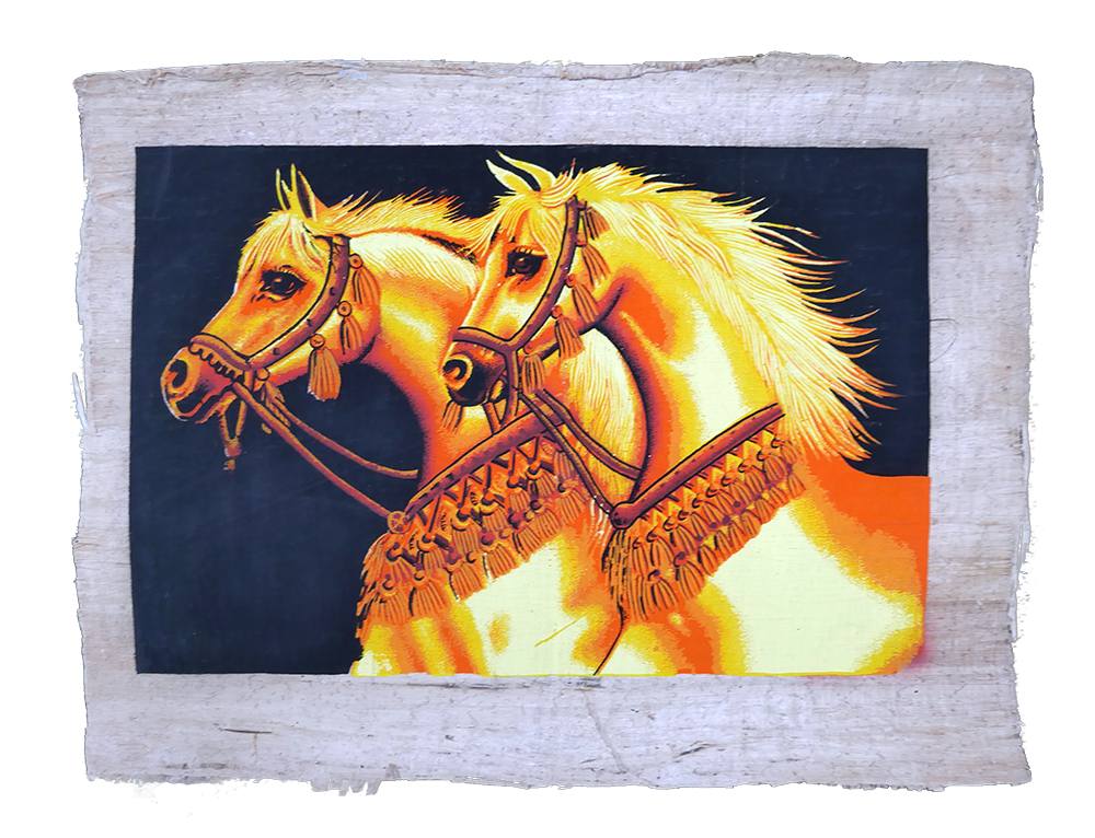 Handmade Egyptian papyrus painting: Two Arabian Horses — Gold and Fire
