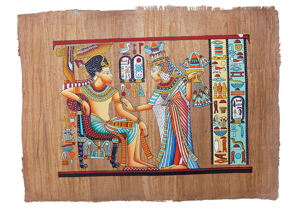 Handmade Egyptian papyrus painting: Pharaoh Enthroned with His Queen