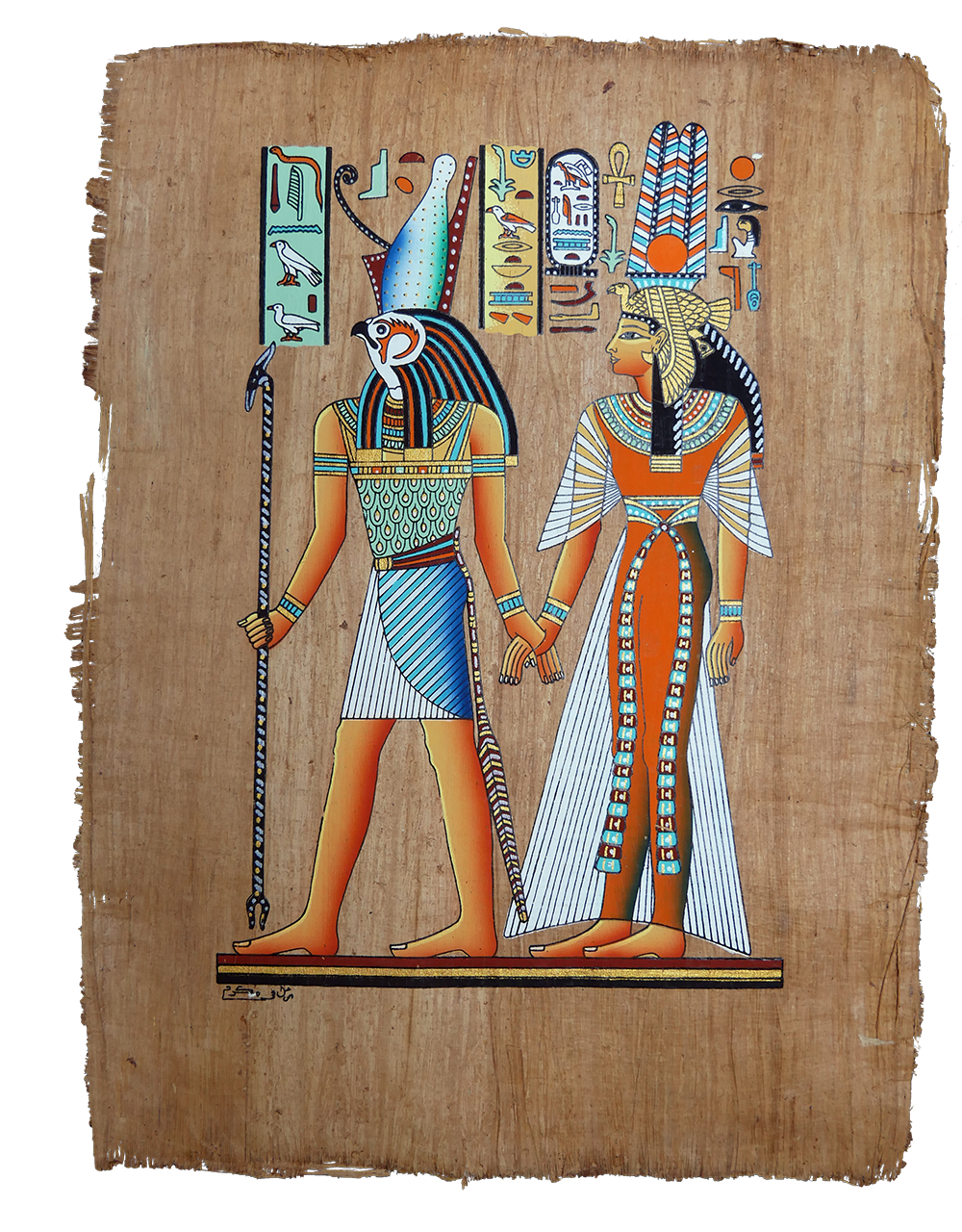 Handmade Egyptian papyrus painting: Horus and Hathor