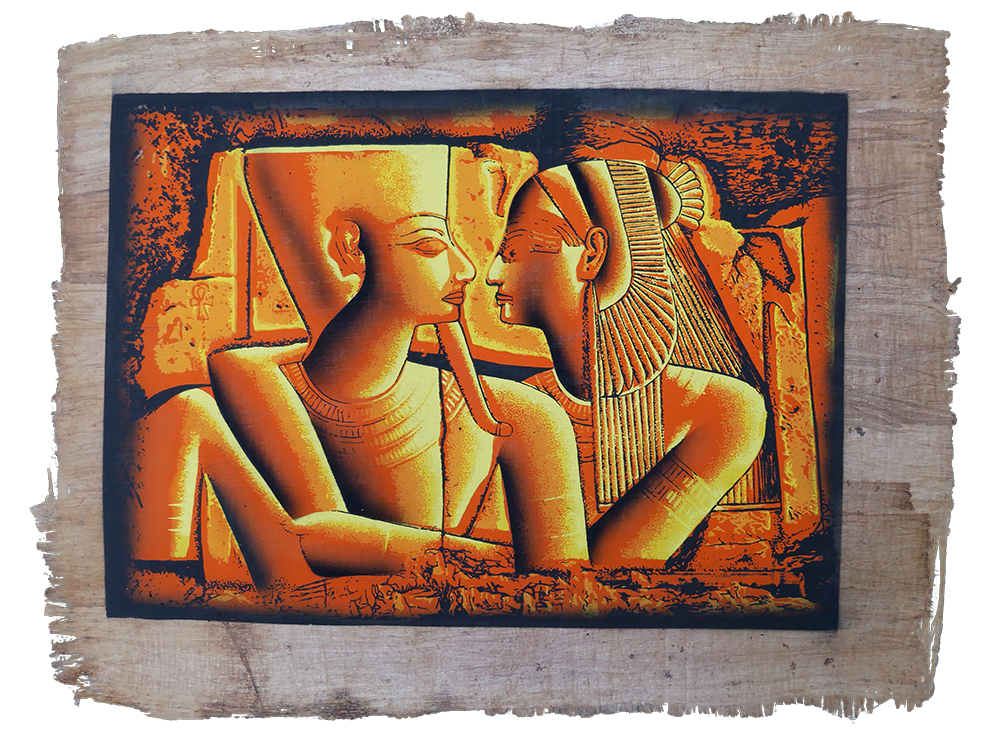 Handmade Egyptian papyrus painting: Akhenaten and Nefertiti in Profile — Gold Tones