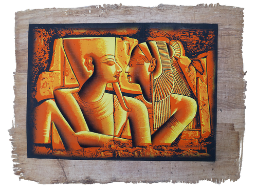 Handmade Egyptian papyrus painting: Akhenaten and Nefertiti in Profile — Gold Tones