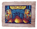 Handmade Egyptian papyrus painting: Tutankhamun Mask with Pyramids and Hieroglyphs — Gold and Blue