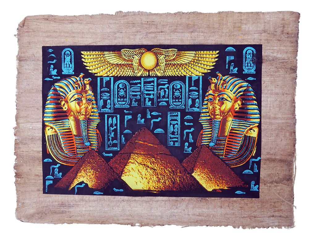 Handmade Egyptian papyrus painting: Tutankhamun Mask with Pyramids and Hieroglyphs — Gold and Blue