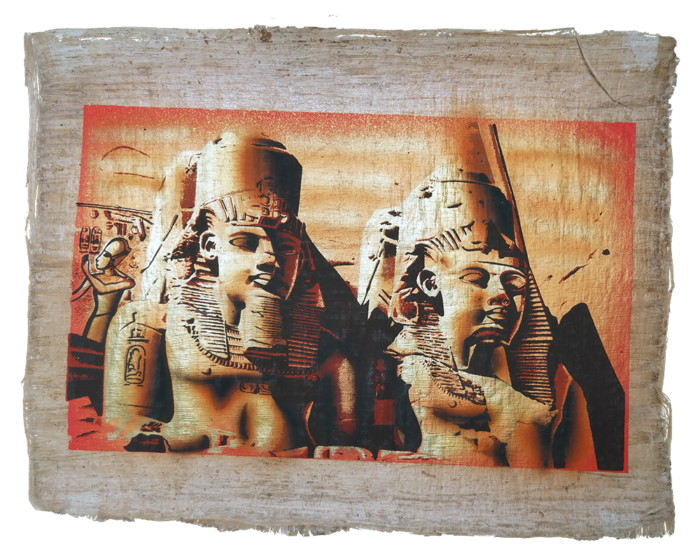 Handmade Egyptian papyrus painting: Abu Simbel — Colossal Statues in Colour