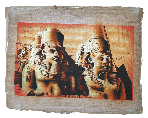 Handmade Egyptian papyrus painting: Abu Simbel — Colossal Statues in Colour