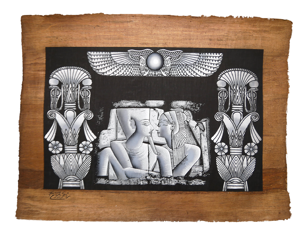 Handmade Egyptian papyrus painting: Divine Couple Enthroned — Silver Relief