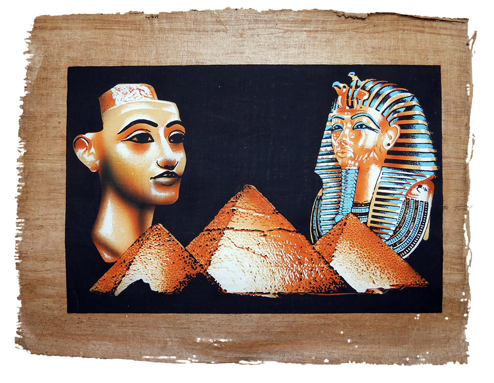 Handmade Egyptian papyrus painting: Nefertiti and Tutankhamun with the Pyramids