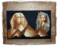 Handmade Egyptian papyrus painting: Sphinx and Tutankhamun over the Pyramids