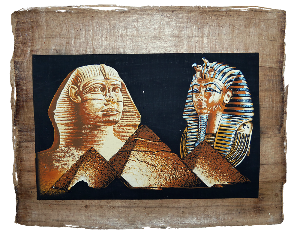 Handmade Egyptian papyrus painting: Sphinx and Tutankhamun over the Pyramids