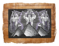 Handmade Egyptian papyrus painting: Three Masks over the Pyramids — Violet and Silver