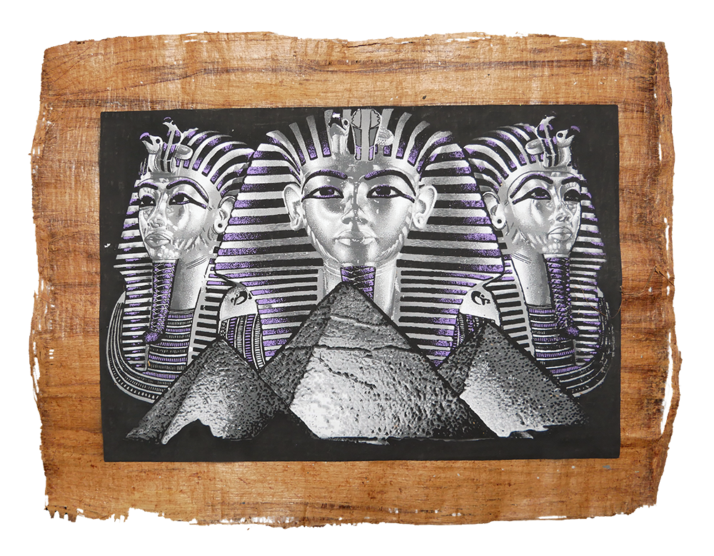 Handmade Egyptian papyrus painting: Three Masks over the Pyramids — Violet and Silver